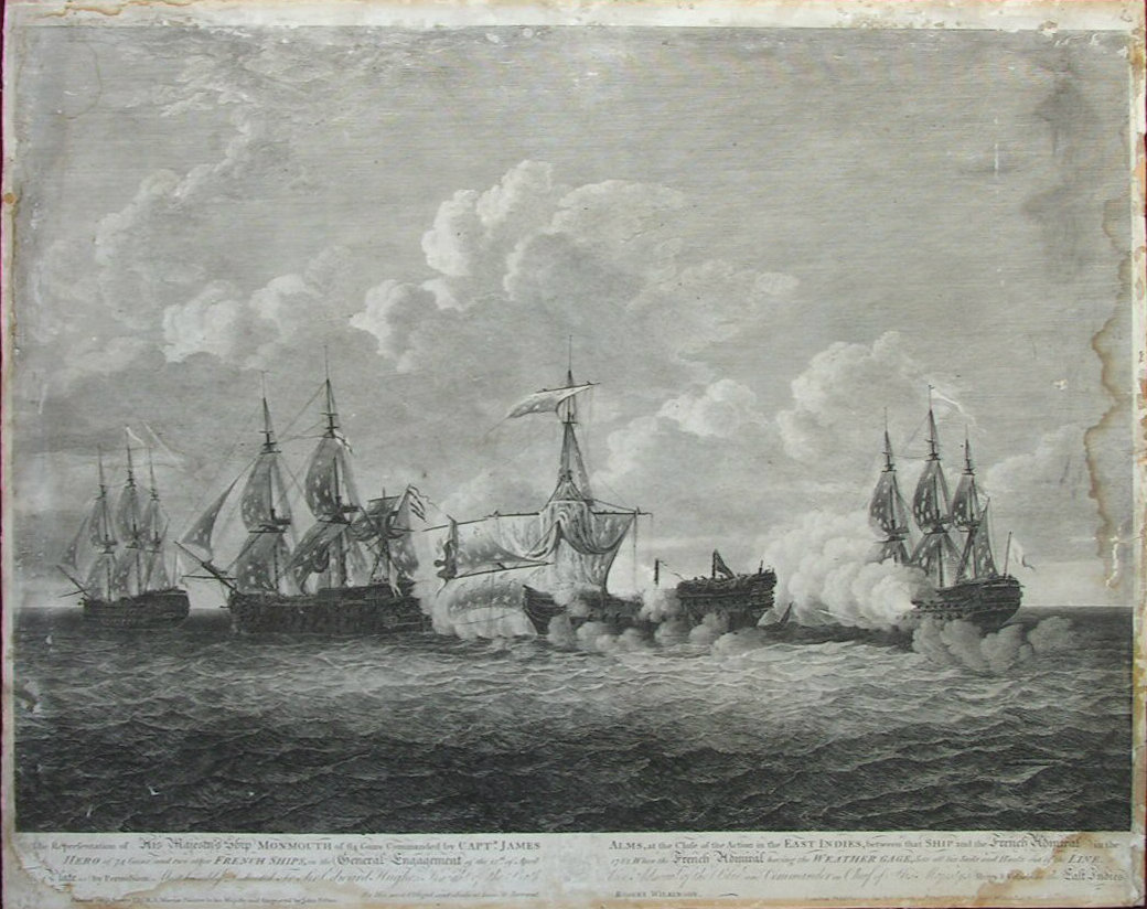 Print - The Representation of His Majesty's Ship Monmouth of 64 guns Commanded by Captn. James Alms, at the Close of the Action in the East Indies, between that ship and the French Admiral in the Hero of 74 guns, and two other French ships, in the General Engagement of  the 12th April 1782. When the French Admiral, having the Weather Gage, sets all his sails and Hauls out of the Line.  - Peltro